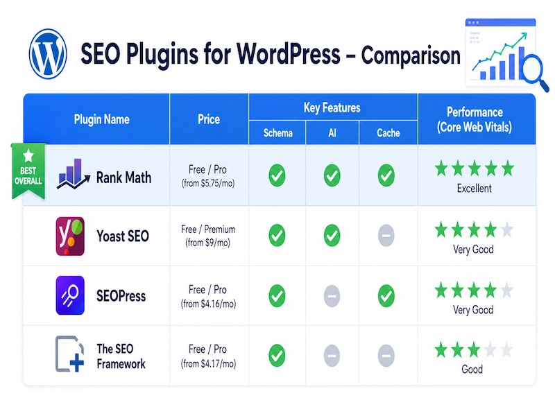 Таблица сравнения SEO-плагинов для WordPress: Rank Math, Yoast SEO, SEOPress, The SEO Framework по функциям и цене