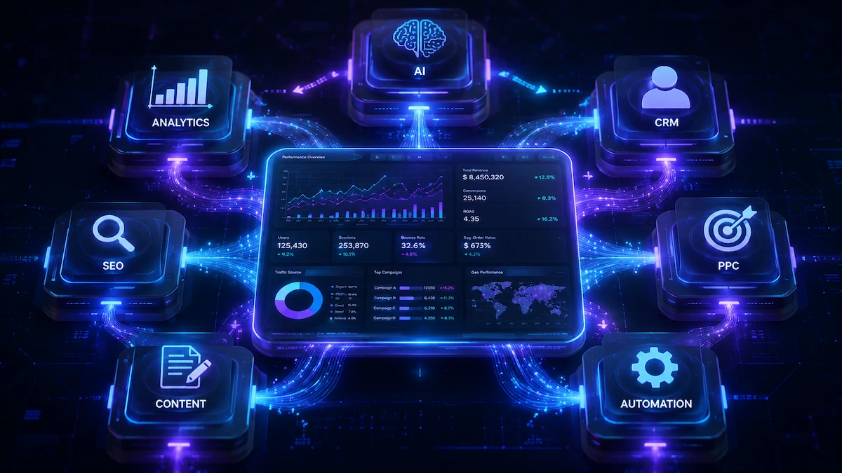 Цифровая экосистема маркетинга 2026 года с центральной панелью и подключёнными модулями AI, аналитики, CRM, SEO, контекстной рекламы, контента и автоматизации